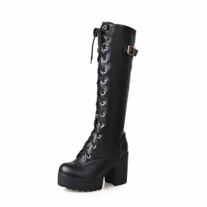 Women Fashion Platform Block Heels Knee High Boots