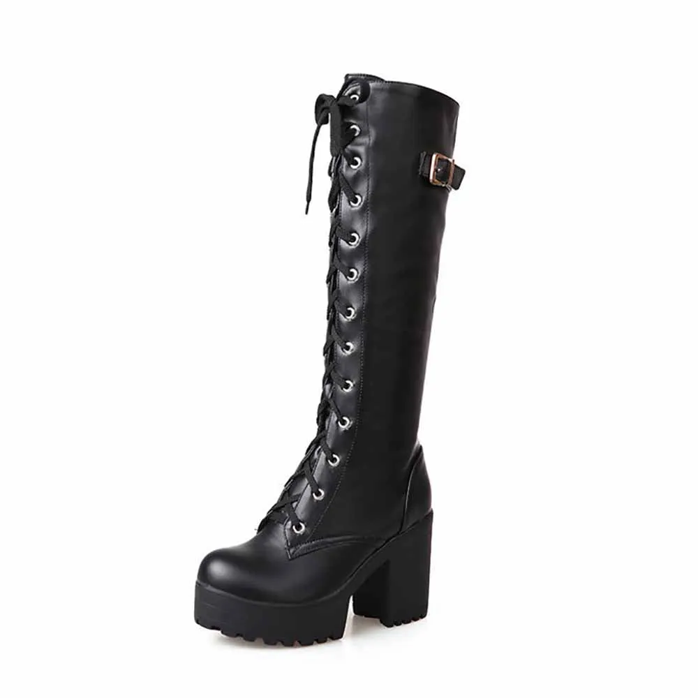 Women Fashion Platform Block Heels Knee High Boots