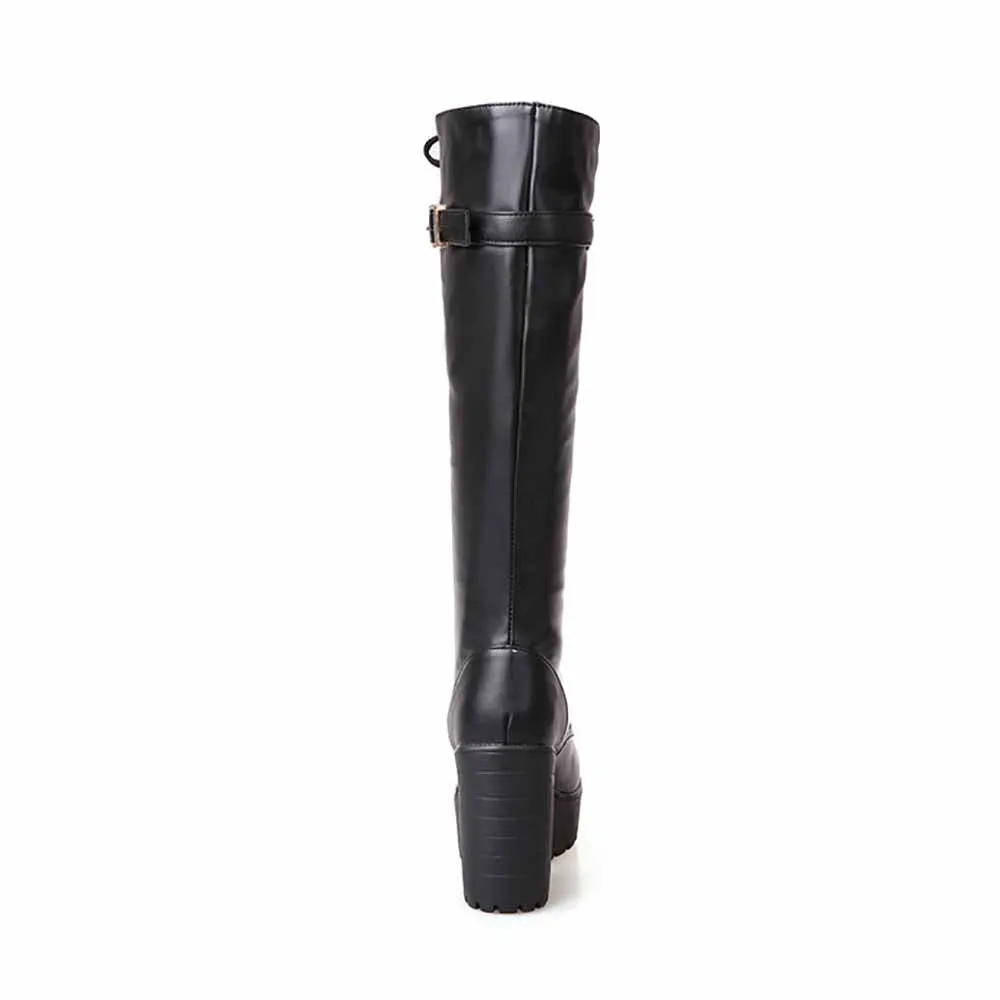 Women Fashion Platform Block Heels Knee High Boots