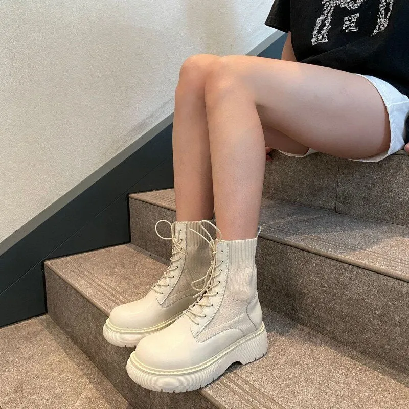 Women Thick Platform Ankle Boots Patchwork Safety Shoes