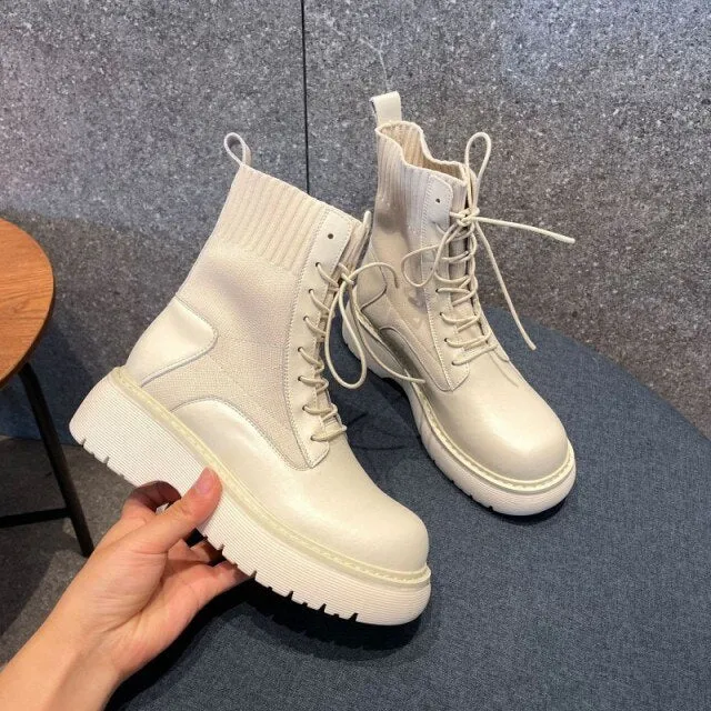 Women Thick Platform Ankle Boots Patchwork Safety Shoes