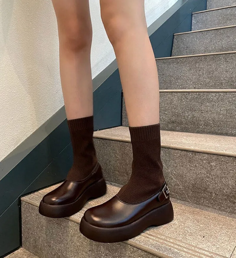 Women Vintage Thick Platform Socks Boots