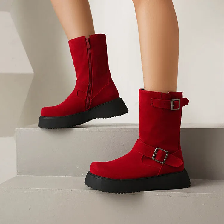 Women's Buckle Strap Round Toe Flat Platform Mid Calf Boots