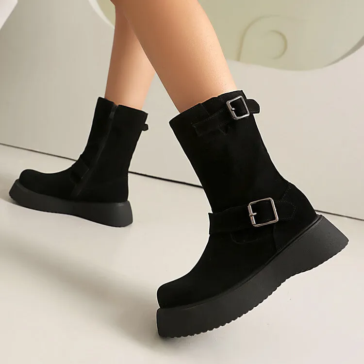 Women's Buckle Strap Round Toe Flat Platform Mid Calf Boots