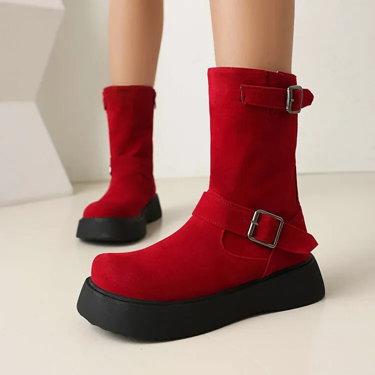 Women's Buckle Strap Round Toe Flat Platform Mid Calf Boots