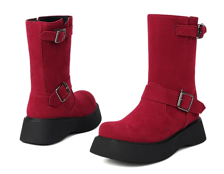 Women's Buckle Strap Round Toe Flat Platform Mid Calf Boots