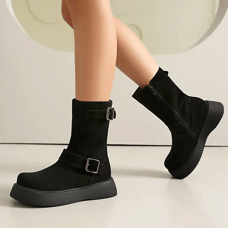 Women's Buckle Strap Round Toe Flat Platform Mid Calf Boots