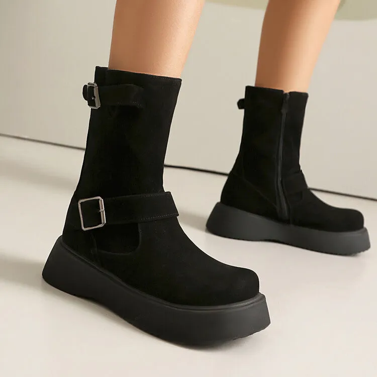 Women's Buckle Strap Round Toe Flat Platform Mid Calf Boots