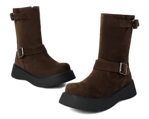 Women's Buckle Strap Round Toe Flat Platform Mid Calf Boots