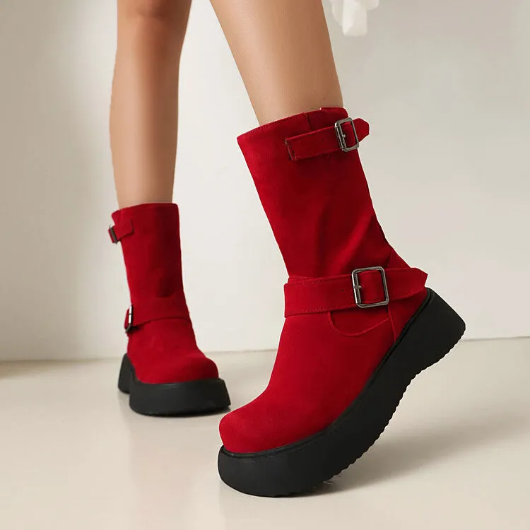 Women's Buckle Strap Round Toe Flat Platform Mid Calf Boots