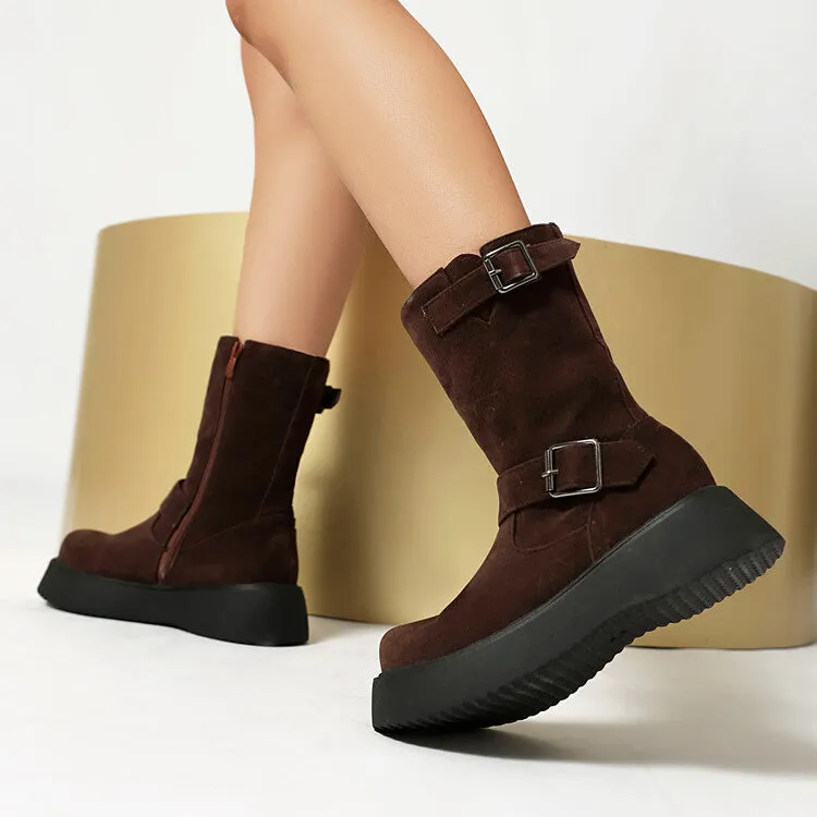 Women's Buckle Strap Round Toe Flat Platform Mid Calf Boots