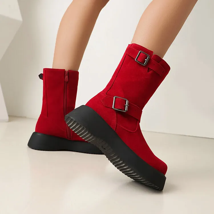 Women's Buckle Strap Round Toe Flat Platform Mid Calf Boots
