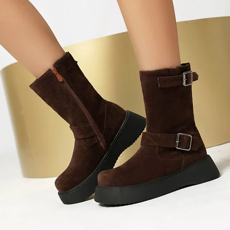 Women's Buckle Strap Round Toe Flat Platform Mid Calf Boots