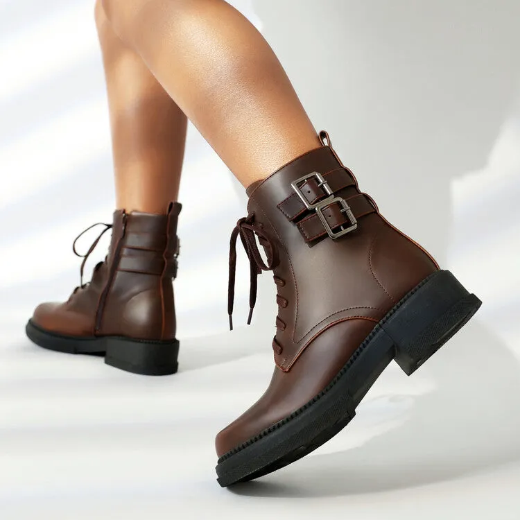 Women's Buckle Strap Round Toe Platform Ankle Boots