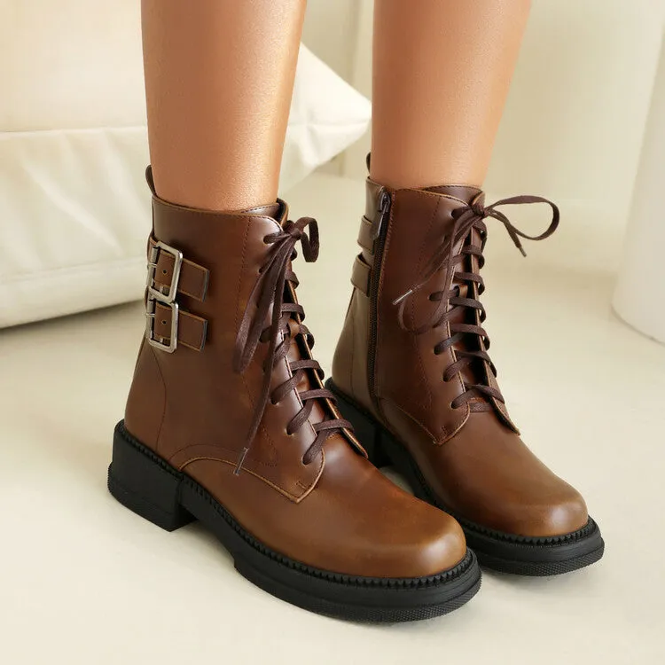 Women's Buckle Strap Round Toe Platform Ankle Boots