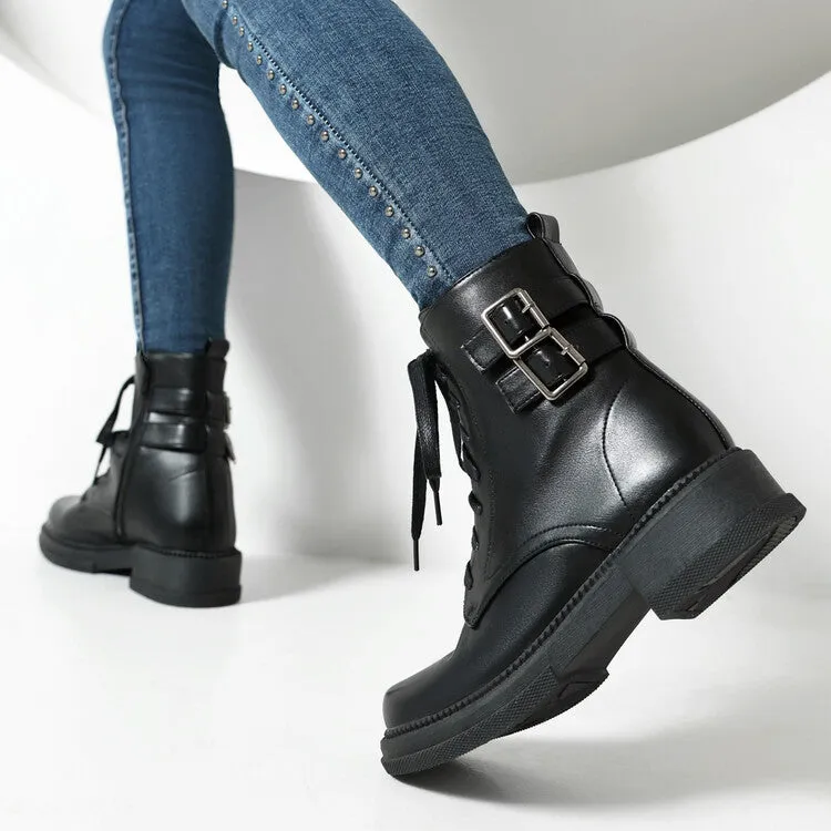 Women's Buckle Strap Round Toe Platform Ankle Boots