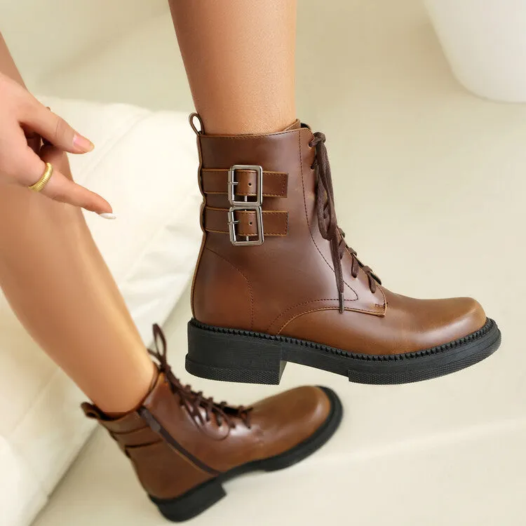 Women's Buckle Strap Round Toe Platform Ankle Boots