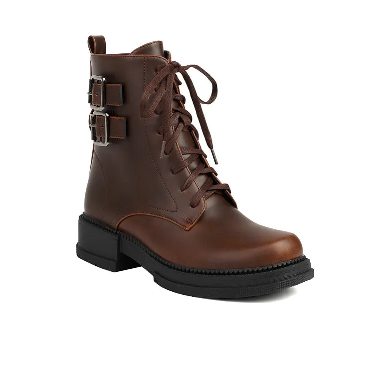 Women's Buckle Strap Round Toe Platform Ankle Boots