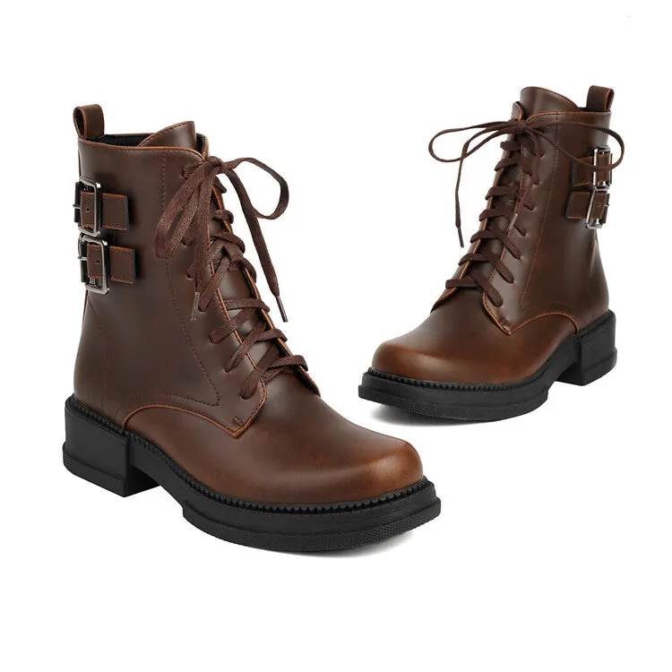 Women's Buckle Strap Round Toe Platform Ankle Boots