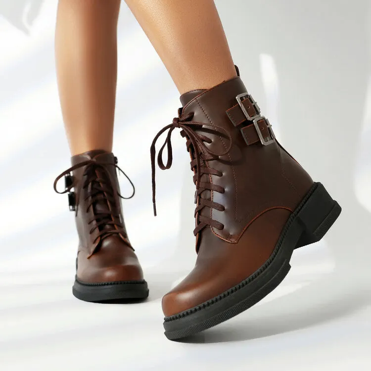 Women's Buckle Strap Round Toe Platform Ankle Boots