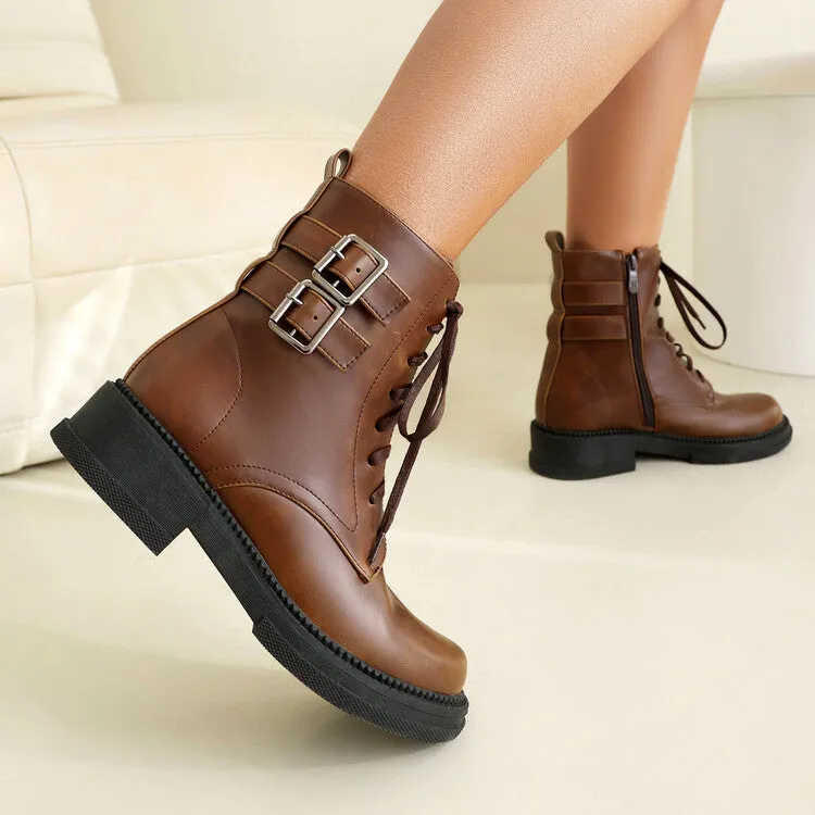 Women's Buckle Strap Round Toe Platform Ankle Boots