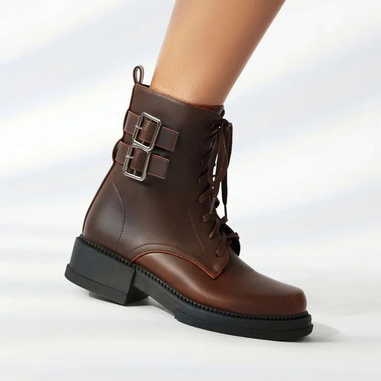 Women's Buckle Strap Round Toe Platform Ankle Boots
