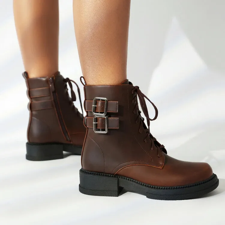 Women's Buckle Strap Round Toe Platform Ankle Boots