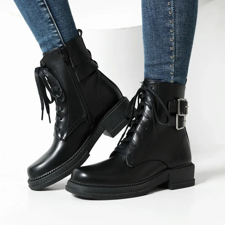 Women's Buckle Strap Round Toe Platform Ankle Boots