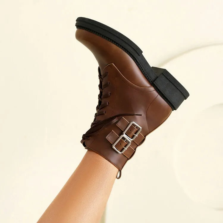 Women's Buckle Strap Round Toe Platform Ankle Boots