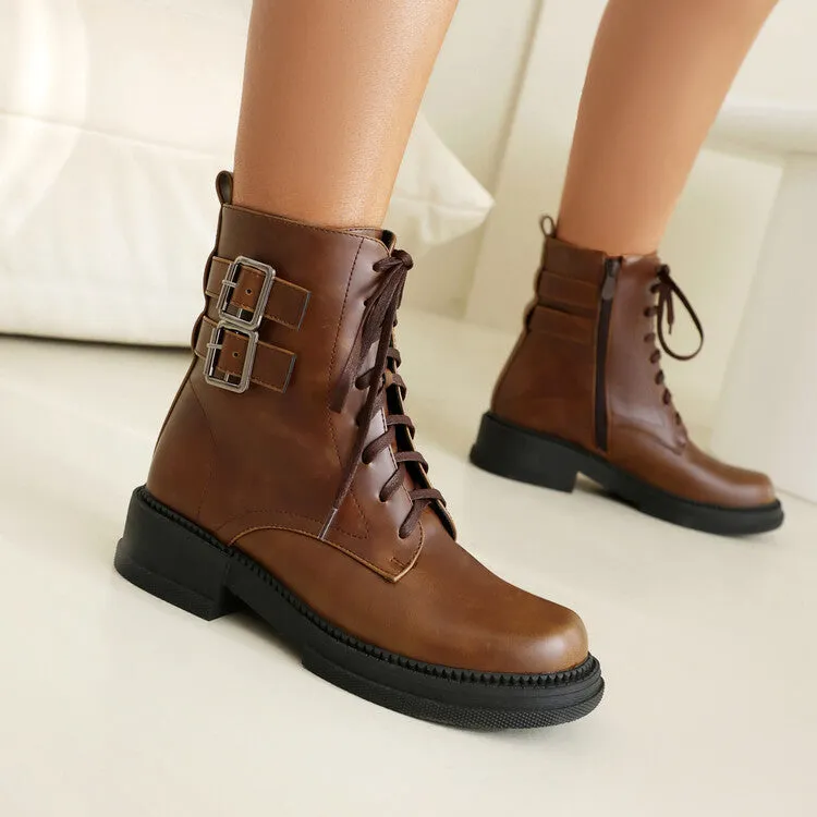 Women's Buckle Strap Round Toe Platform Ankle Boots