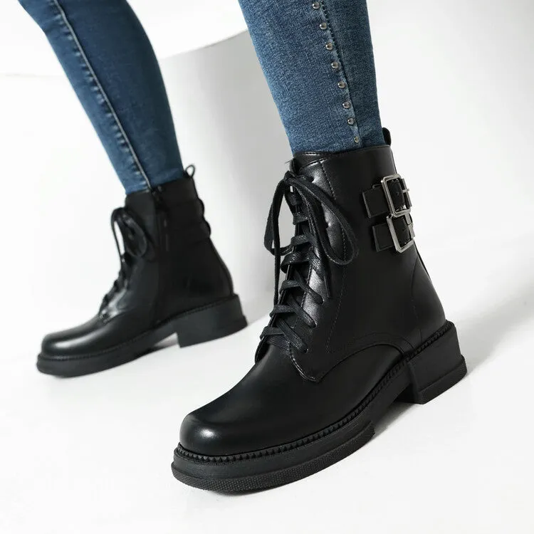 Women's Buckle Strap Round Toe Platform Ankle Boots