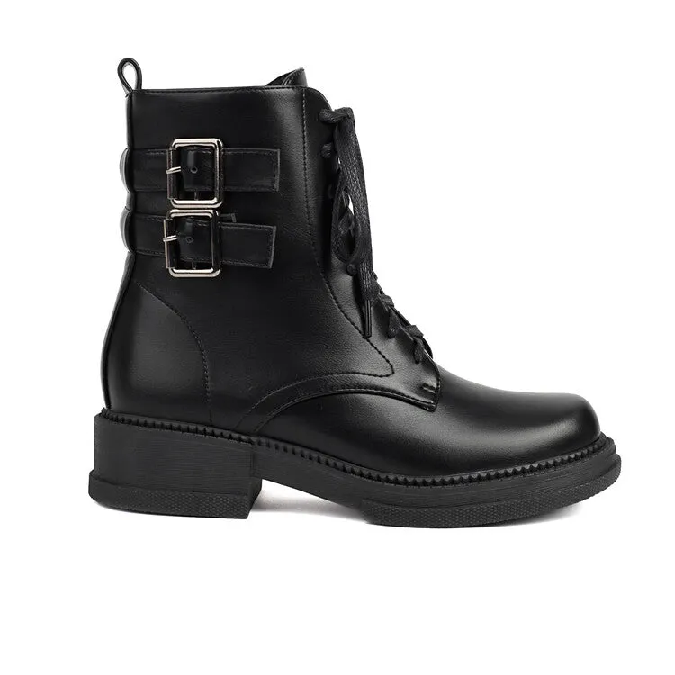 Women's Buckle Strap Round Toe Platform Ankle Boots