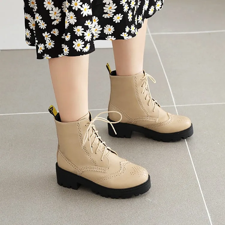 Women's Lace Up Laser Block Heel Platform Short Boots
