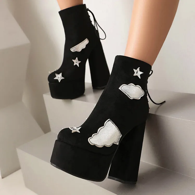 Women's Patch Dec Square Heel Platform Short Boots