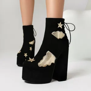 Women's Patch Dec Square Heel Platform Short Boots
