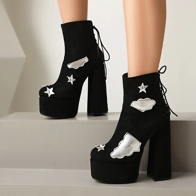 Women's Patch Dec Square Heel Platform Short Boots