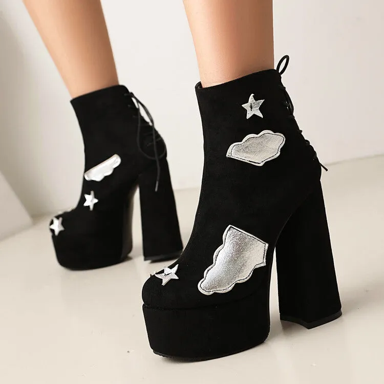 Women's Patch Dec Square Heel Platform Short Boots