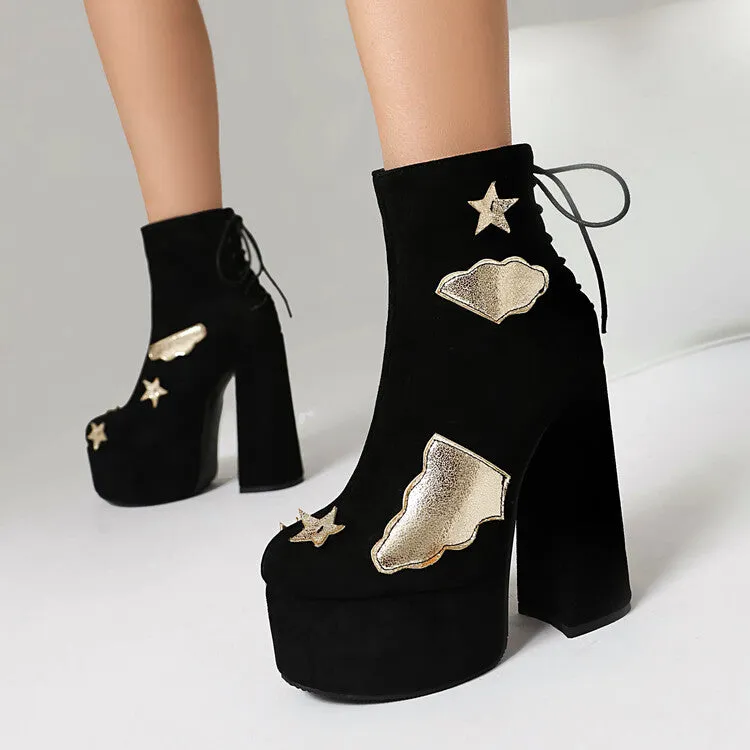 Women's Patch Dec Square Heel Platform Short Boots