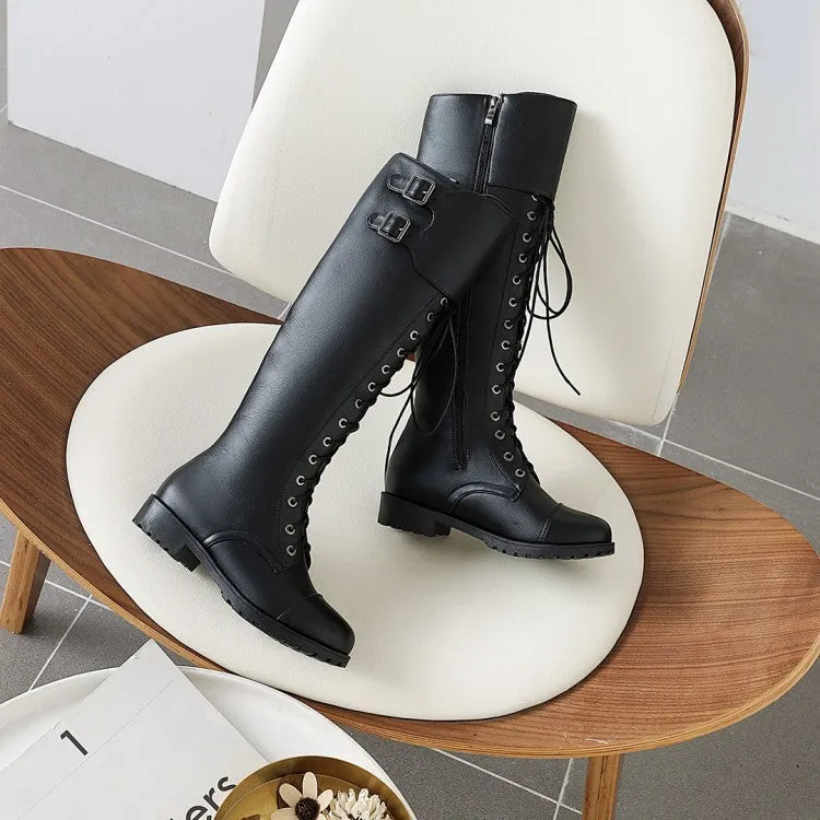 Women's Pu Leather Round Toe Lace Up Belts Side Zippers Martin Knee High Boots