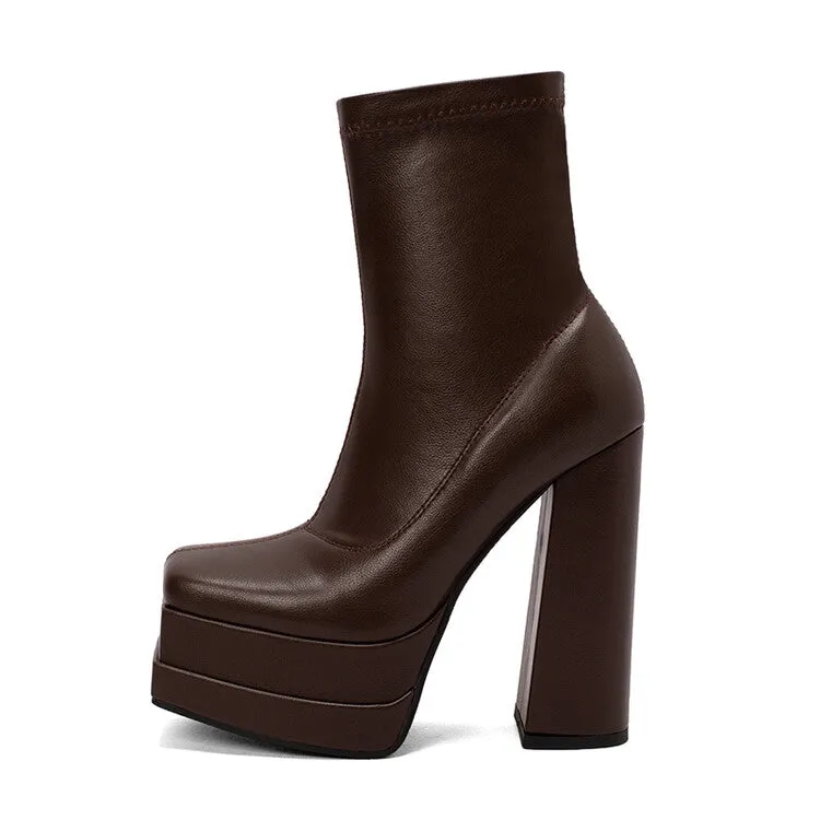 Women's Pu Leather Square Toe Stitching Chunky Heel Platform Short Boots