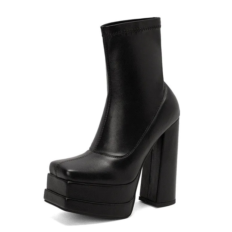 Women's Pu Leather Square Toe Stitching Chunky Heel Platform Short Boots